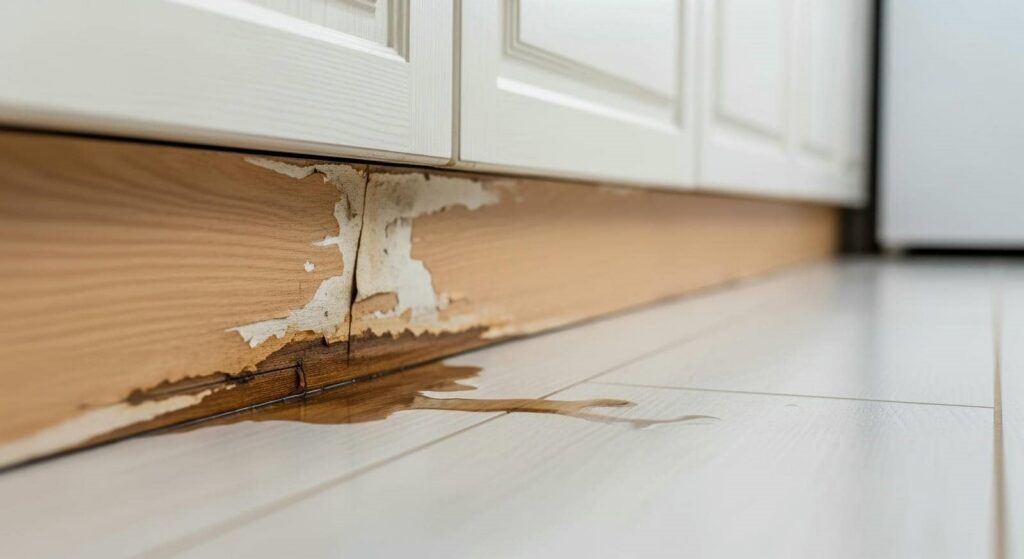 Water damage and peeling wood on a kitchen cabinet baseboard with a small puddle on the floor.