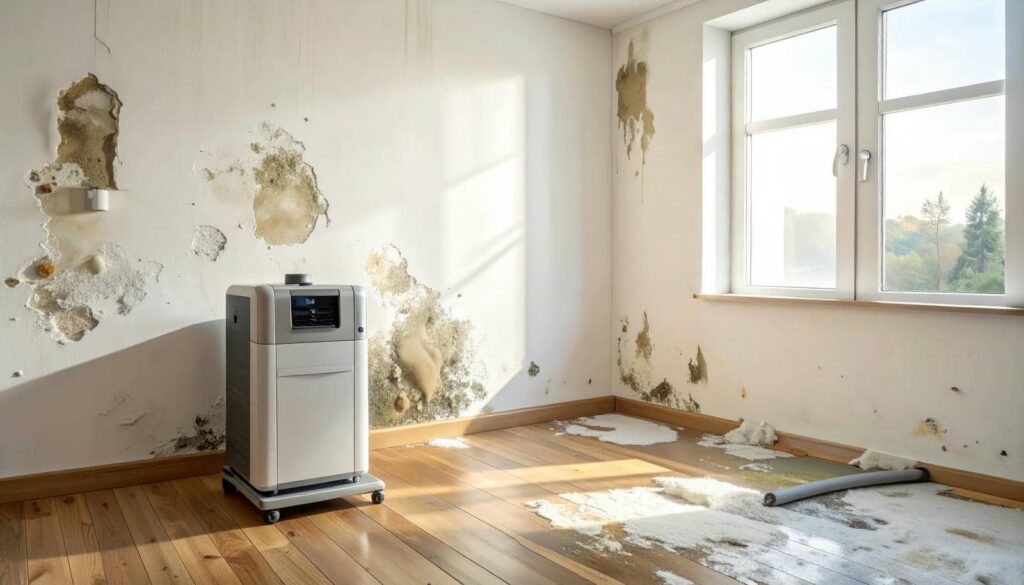 Dehumidifier in a room with peeling paint and mold damage on walls and floor near a window.