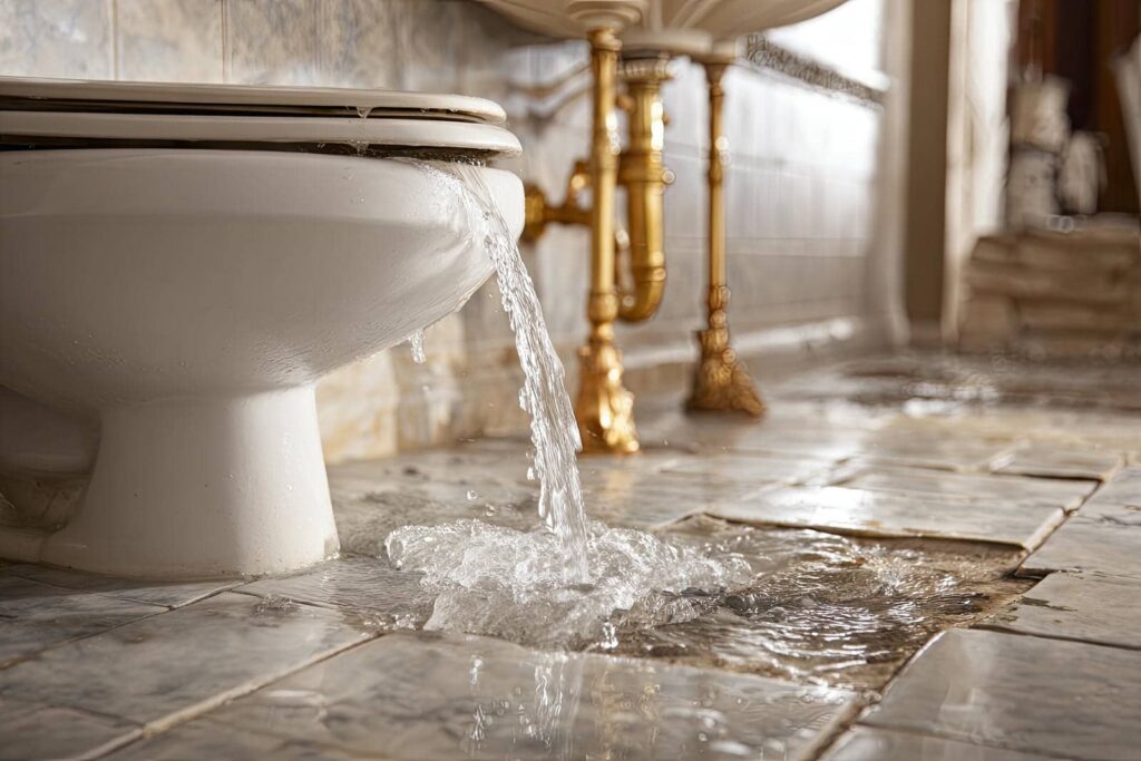 Water overflowing from a toilet onto a tiled bathroom floor.