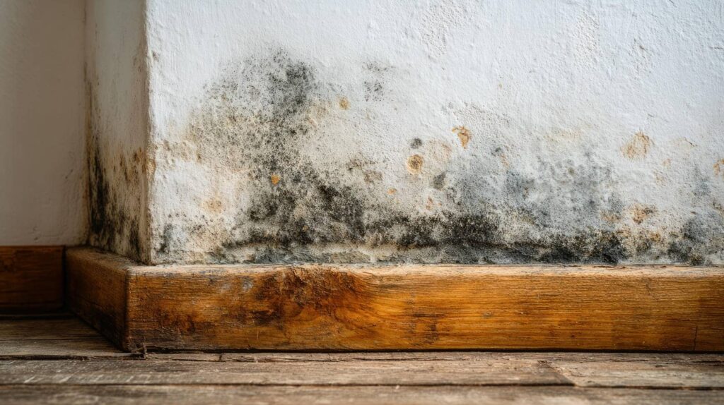 Black mold growing on the lower part of a white wall and wooden baseboard near a wooden floor.