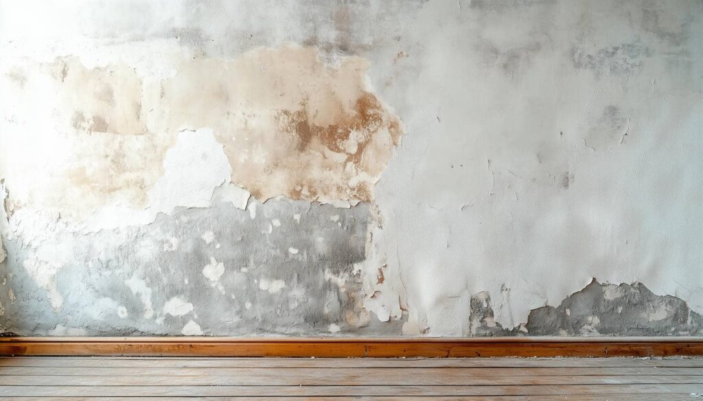Wall with peeling paint and water damage above a wooden baseboard and floor.