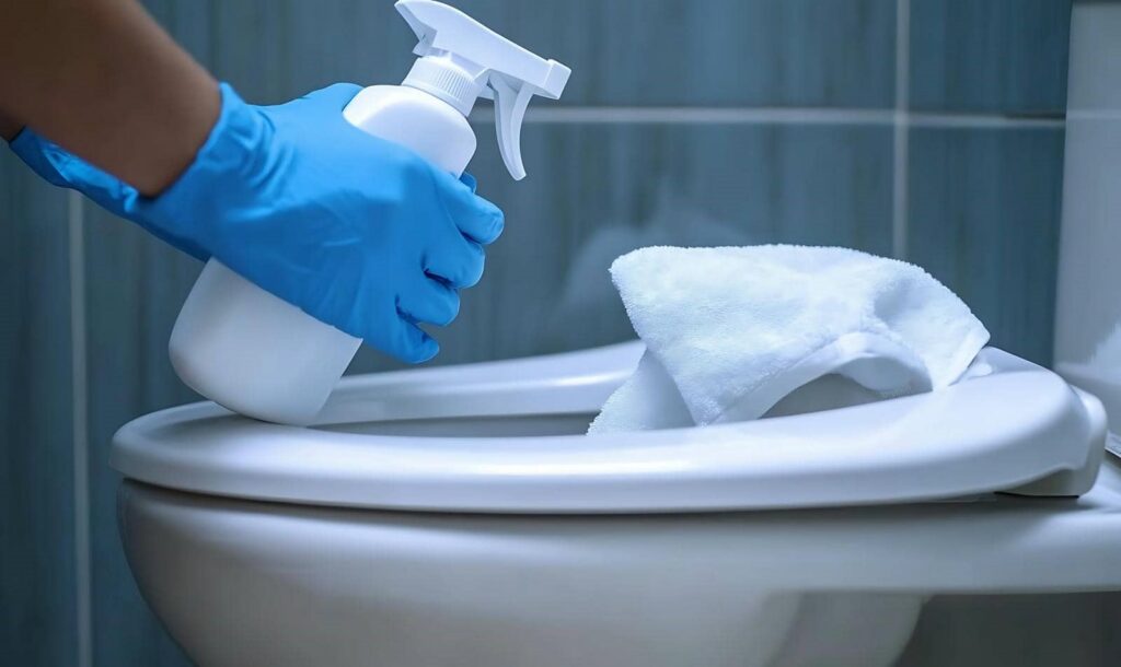 Hand in blue glove holding spray bottle cleaning a toilet with a white cloth on the seat.