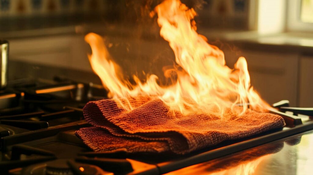 A kitchen towel on fire on a gas stove burner.