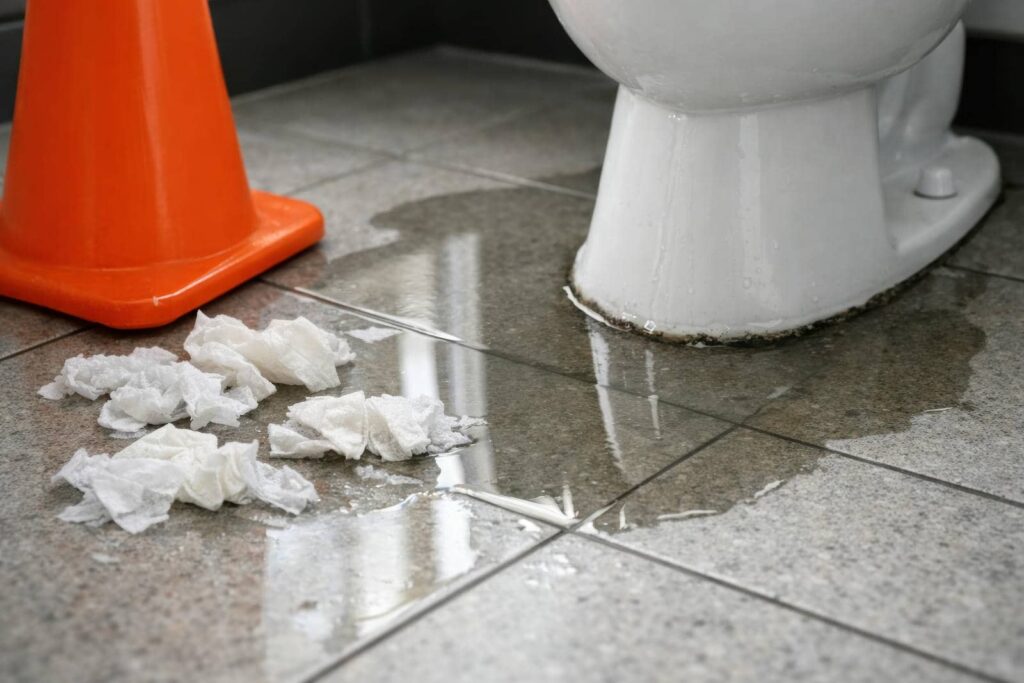 Water leaking from the base of a toilet onto a tiled floor with scattered tissues and an orange caution cone nearby.
