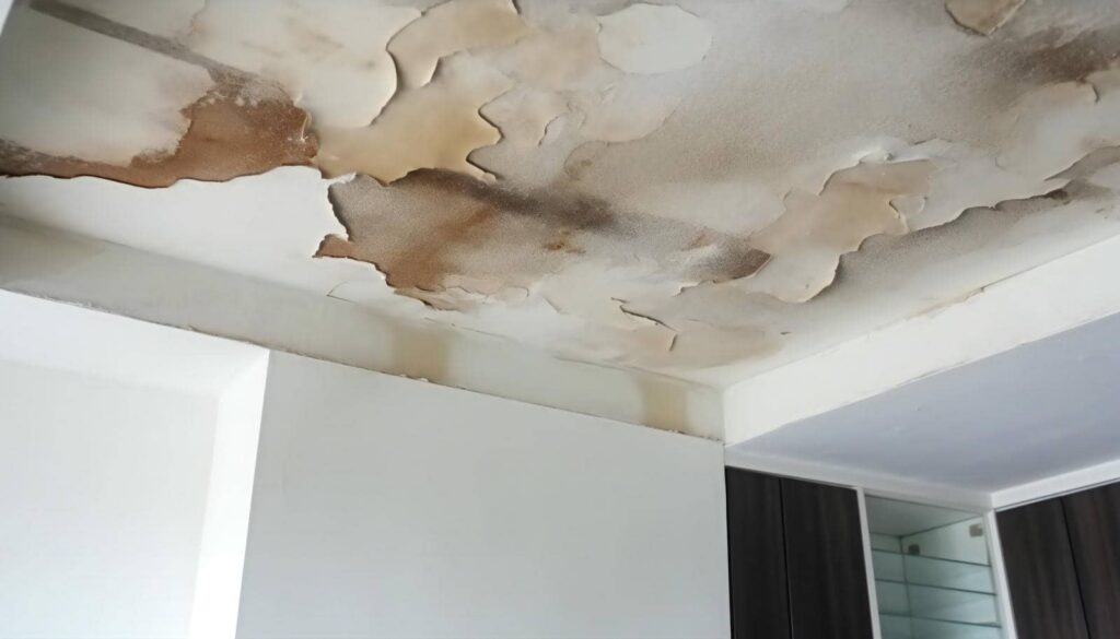 Ceiling with extensive water damage and peeling paint in a corner of a room.