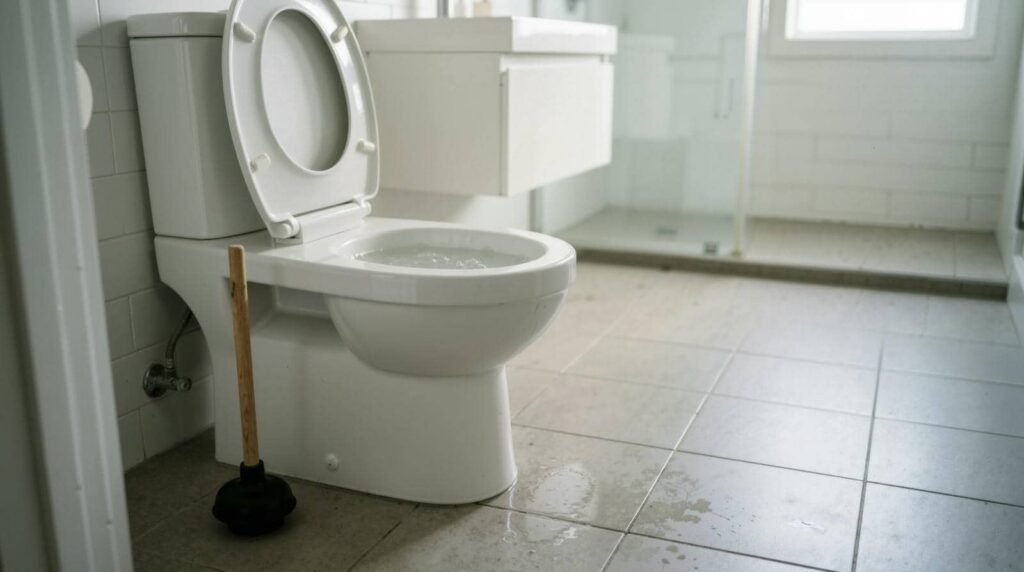 White toilet with open lid and plunger on tiled bathroom floor with water spill.