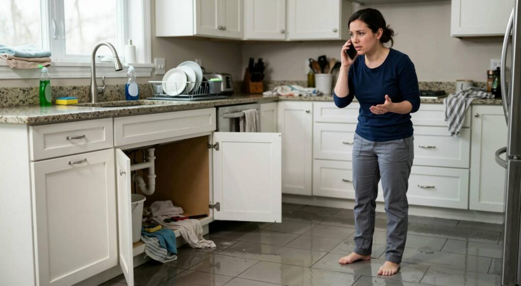 Woman on phone in kitchen with water leaking from open cabinet under sink.