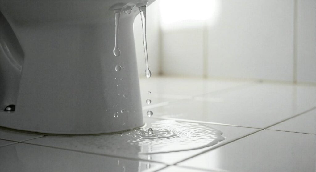 Water dripping from a toilet onto a tiled floor, forming a small puddle.
