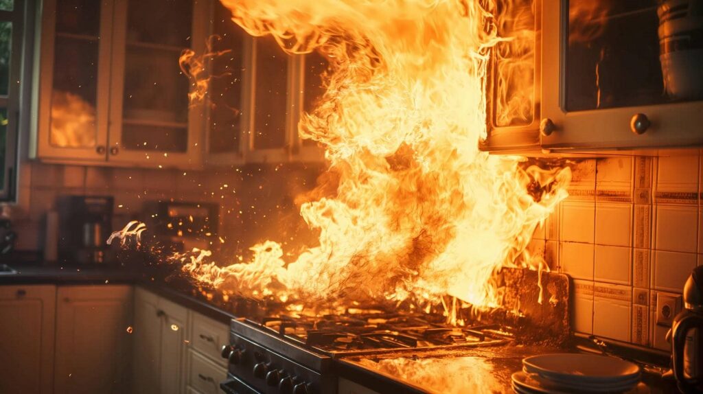 Kitchen stove engulfed in large flames and fire.