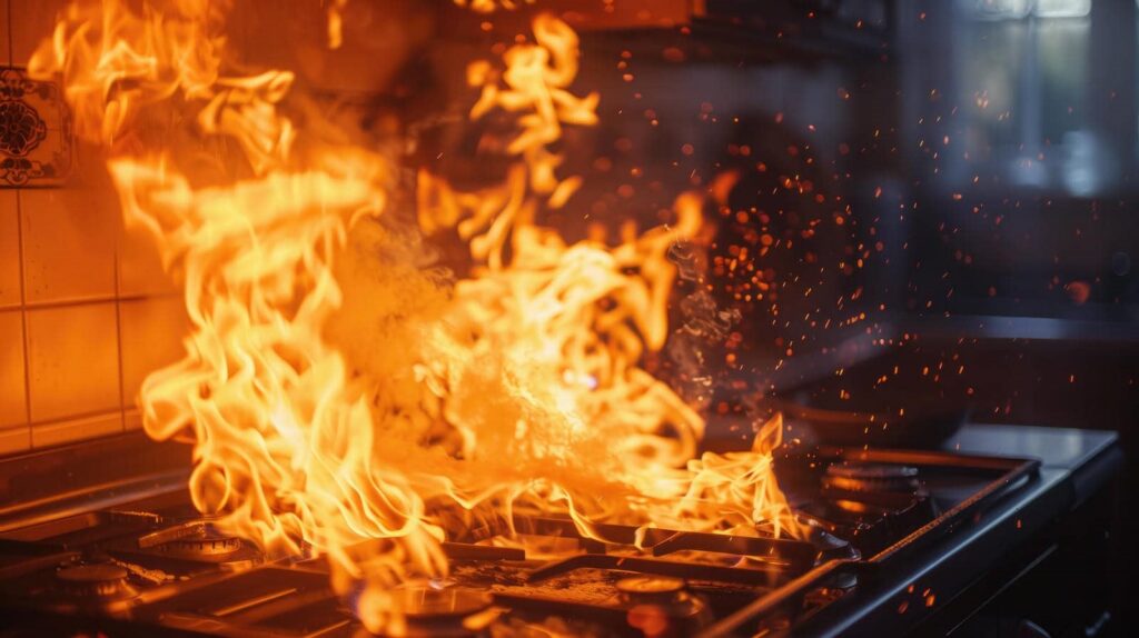 Large flames and sparks erupting from a gas stove burner in a kitchen.