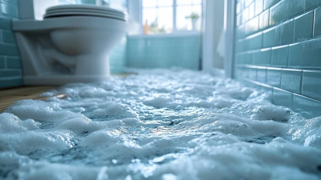 Foamy water flooding a bathroom floor near a toilet with blue tiled walls.