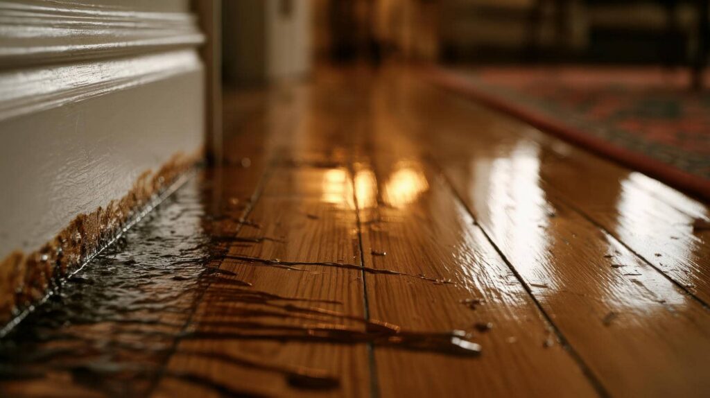 Water leaking and pooling on a wooden floor near a baseboard.