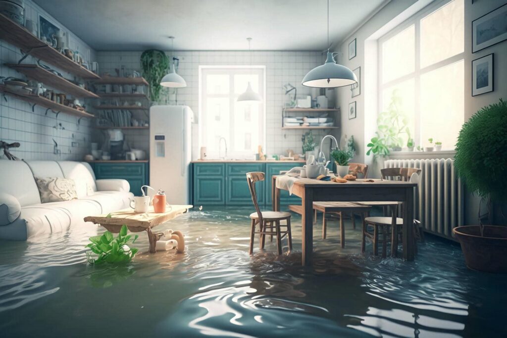 Flooded kitchen and dining area with water covering the floor up to the furniture legs.