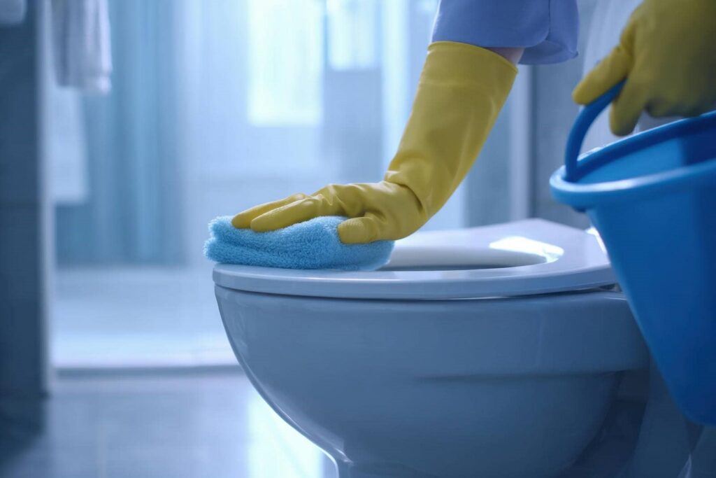 Hand in yellow glove cleaning toilet seat with blue cloth, holding blue bucket in bathroom.