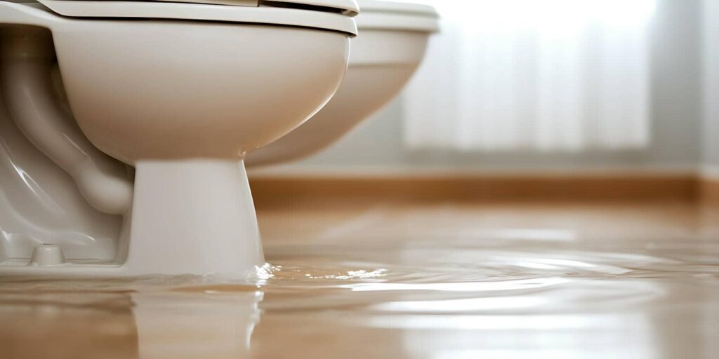 Water flooding a bathroom floor around the base of a toilet.