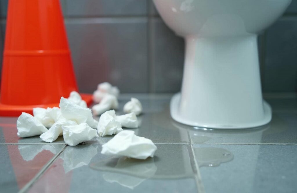 Crumpled tissues and a small puddle of liquid on a tiled floor near a white toilet base and an orange cone.
