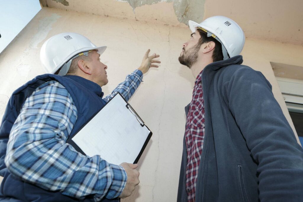 Two construction workers in hard hats inspecting cracks on a wall, one holding a clipboard.