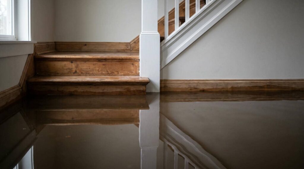 Wooden stairs partially submerged in floodwater inside a house.