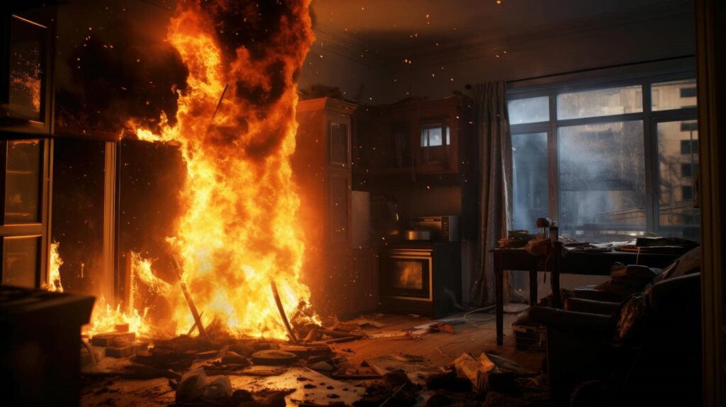 Large fire engulfing a living room with scattered debris and smoke near a window.