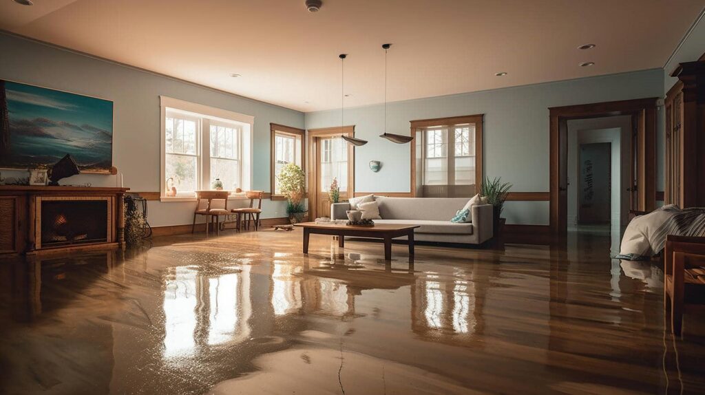Living room with wooden furniture and a flooded, reflective floor.