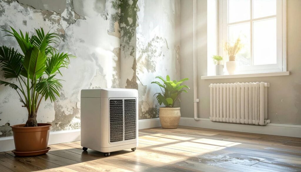 Dehumidifier on wooden floor in a room with moldy walls and potted plants near a window.