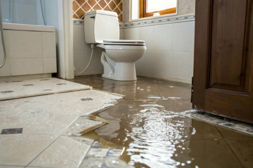 Bathroom floor flooded with water near a toilet and a wooden door.