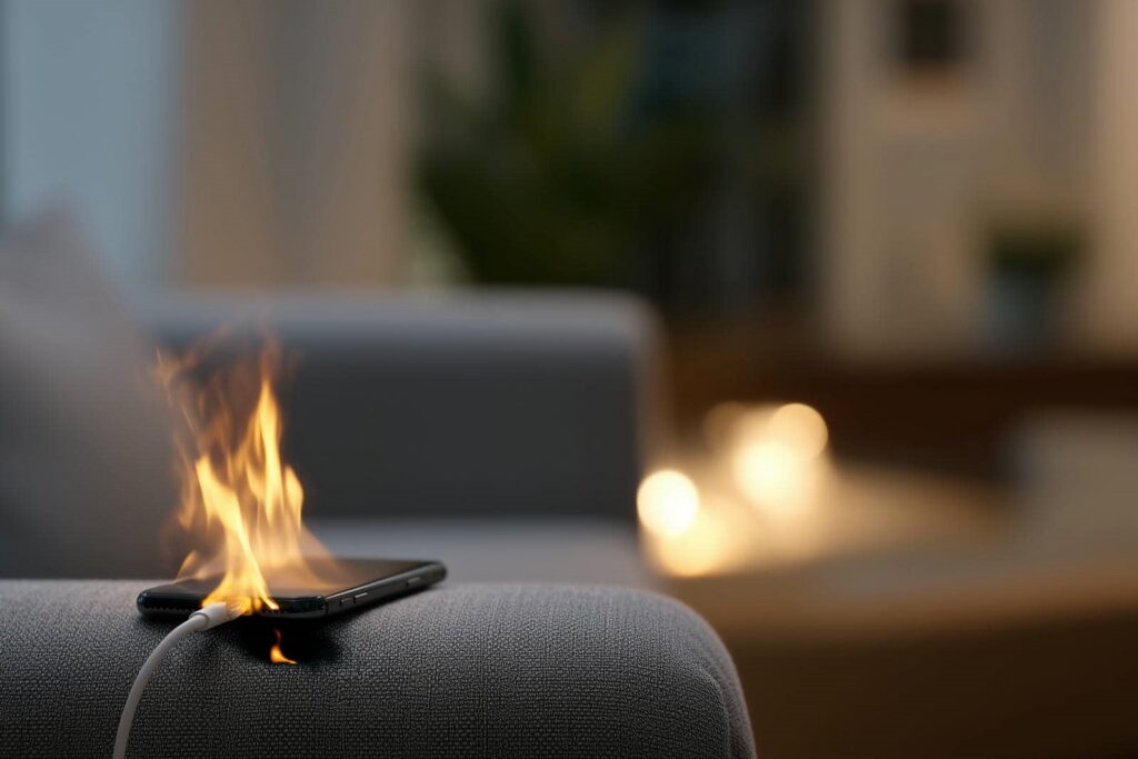 Smartphone on fire while charging on a gray fabric surface.