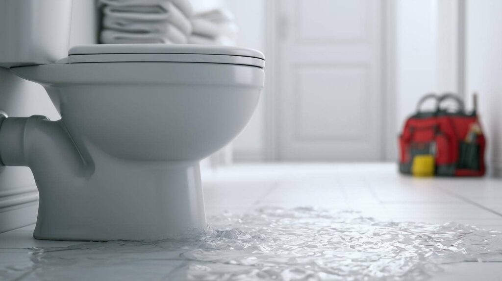 Water leaking and pooling on the floor around the base of a toilet in a bathroom.