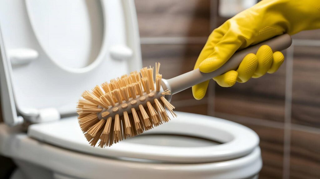 Hand in yellow glove holding a toilet brush near an open toilet bowl.
