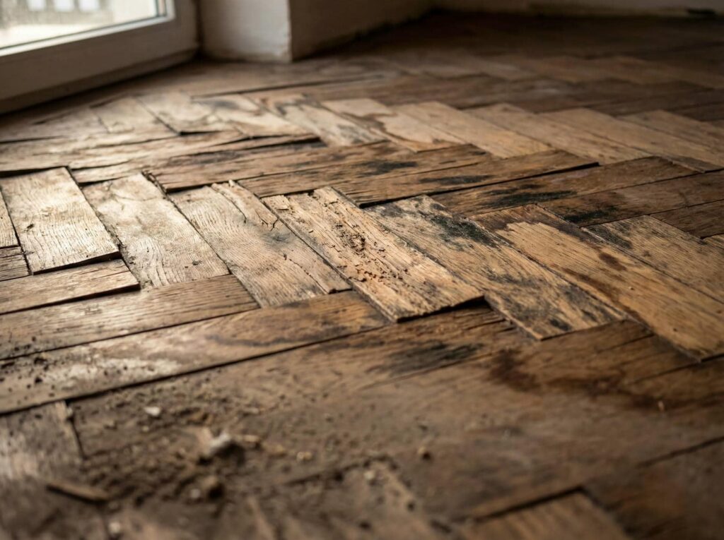 Worn and damaged wooden parquet floor with dirt near a window.