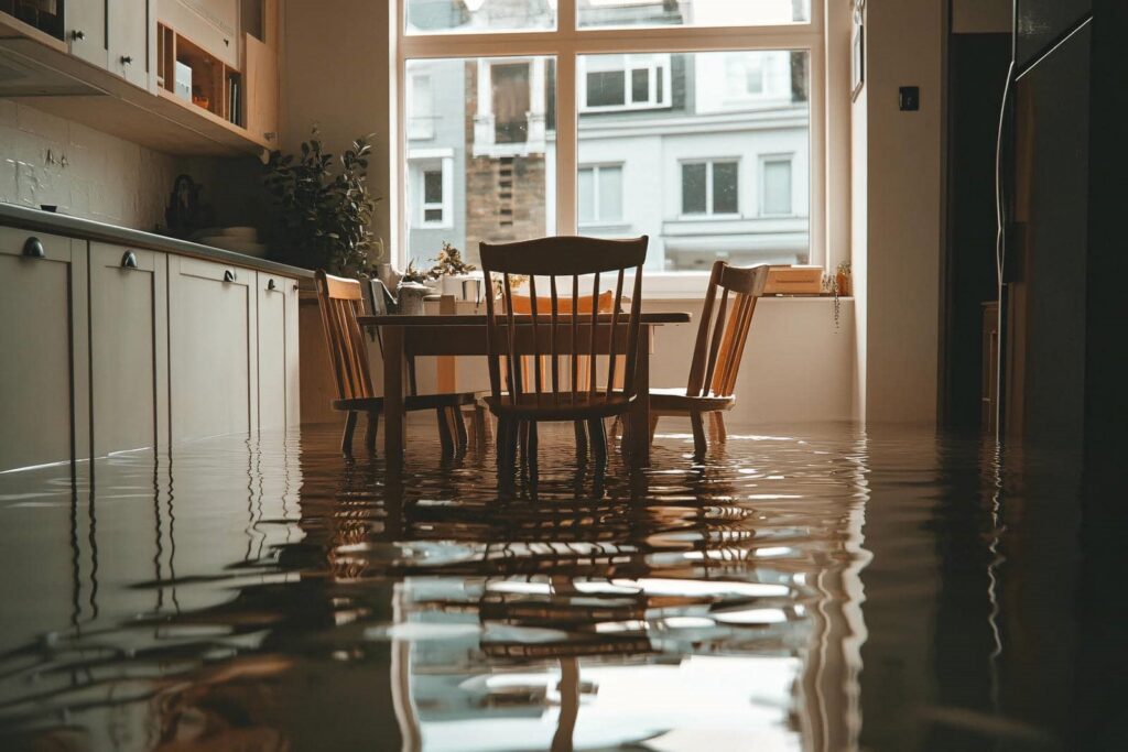 Kitchen flooded with water covering the floor around a wooden dining table and chairs.