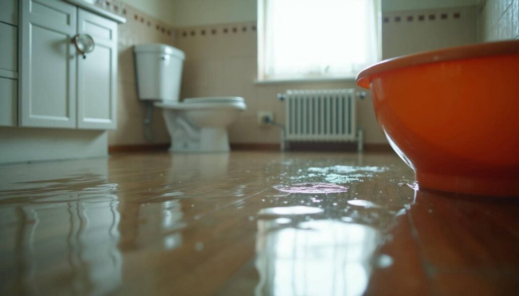 Water pooling on a bathroom floor near an orange basin and a white toilet.