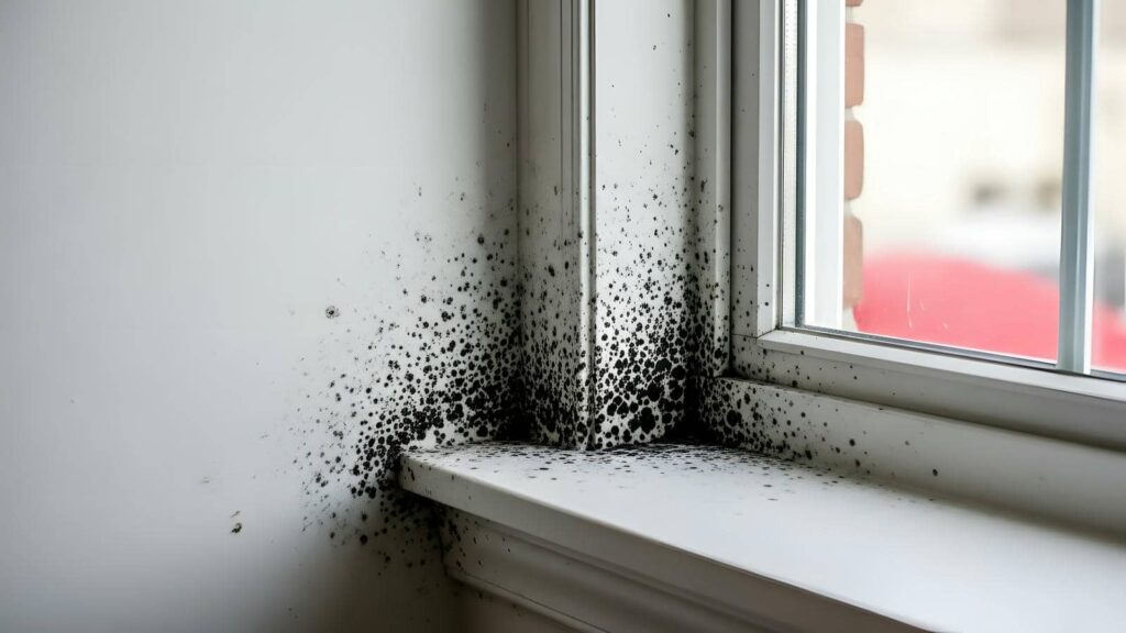 Black mold growing on the corner of a white windowsill and wall.
