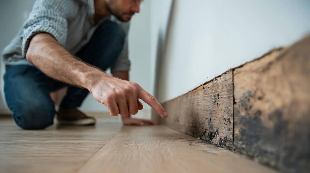 Person crouching and pointing at mold damage on a wooden baseboard near the floor.