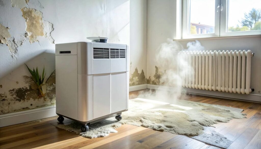 Moldy room with peeling walls, a humidifier releasing mist, and a radiator under a window.