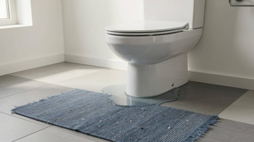 Water leaking from the base of a closed white toilet onto a tiled floor with a blue rug.
