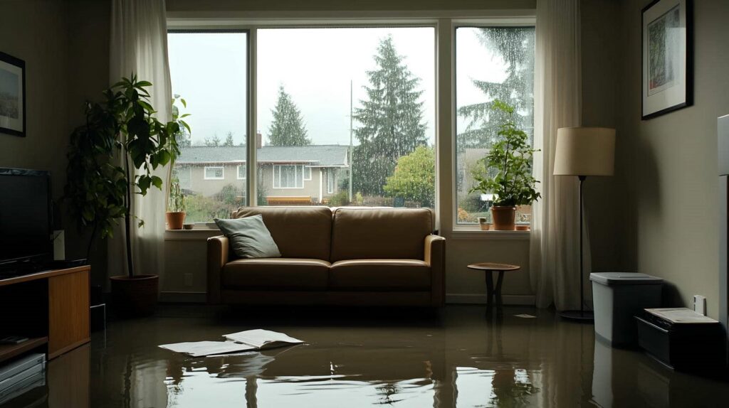 Living room with a flooded floor, a brown sofa, plants by the window, and rain outside.