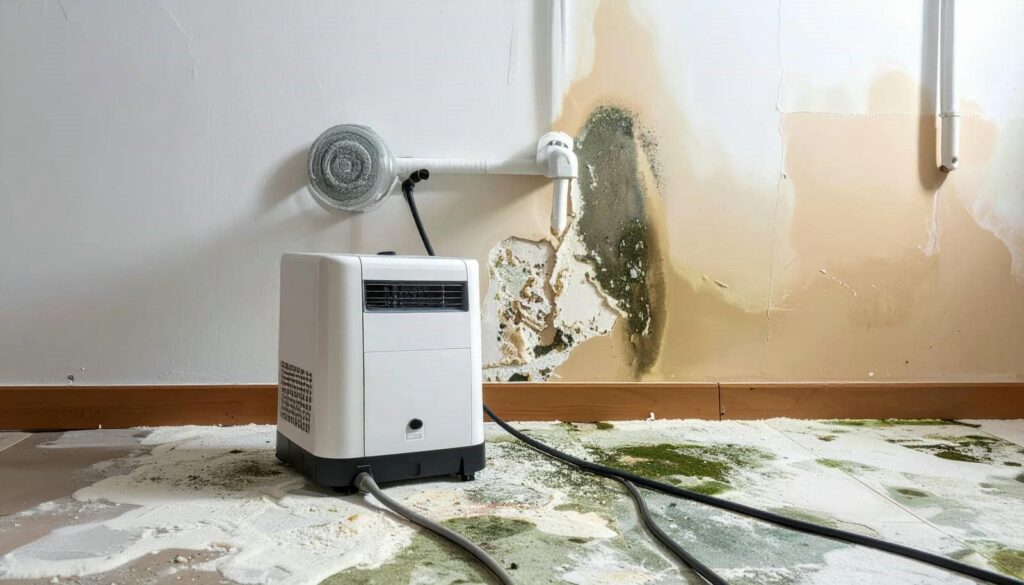 Dehumidifier on a floor with mold and water damage on the wall and floor.