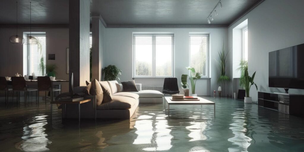 Living room flooded with water covering the floor around furniture and plants.
