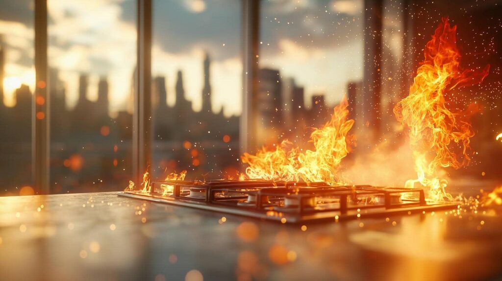 Flames erupting from a gas stove burner on a kitchen countertop with a city skyline in the background.
