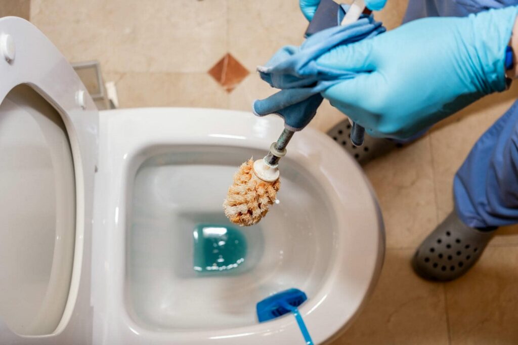 Person wearing blue gloves cleaning a toilet bowl with a brush.