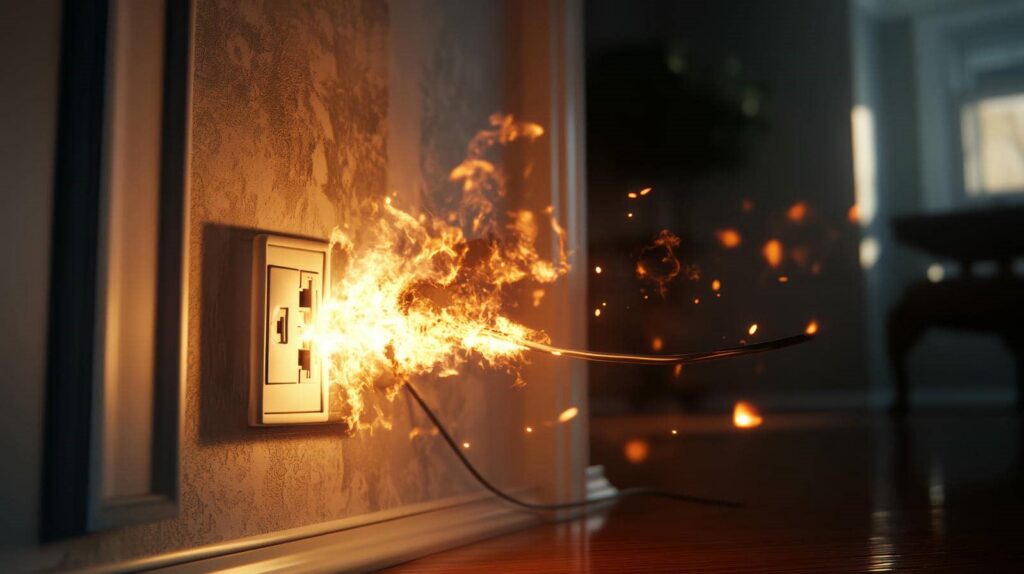 Electrical outlet sparking and catching fire with flames and sparks.