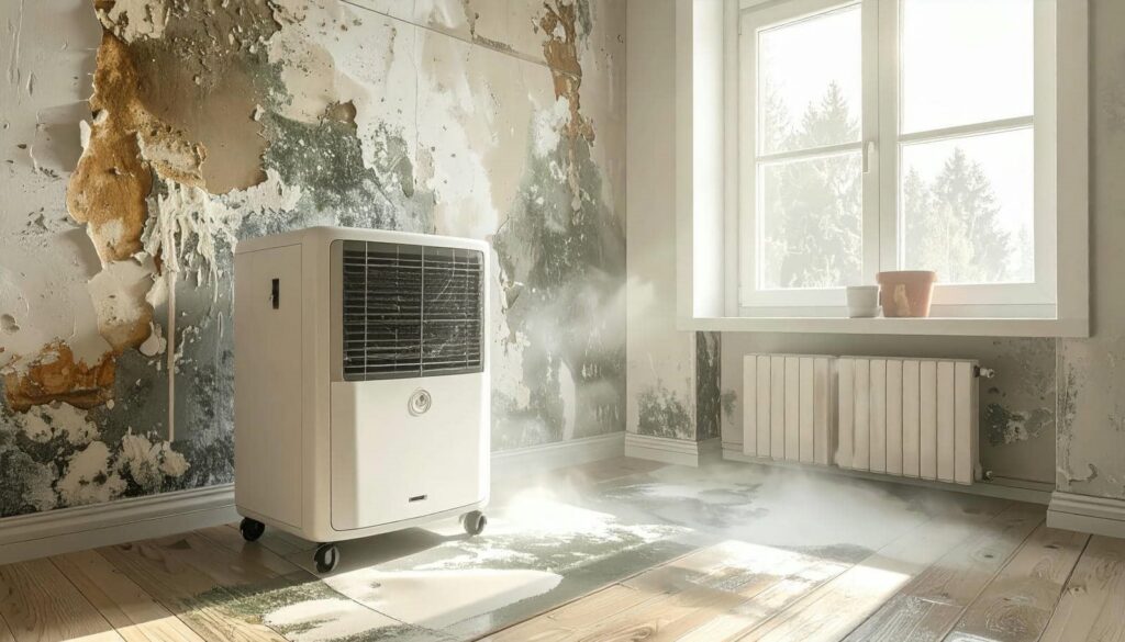 Portable air purifier releasing mist in a room with peeling paint and sunlight through a window.