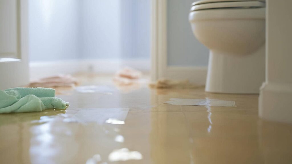 Water leaking on a bathroom floor near a toilet with towels soaked and spread out.