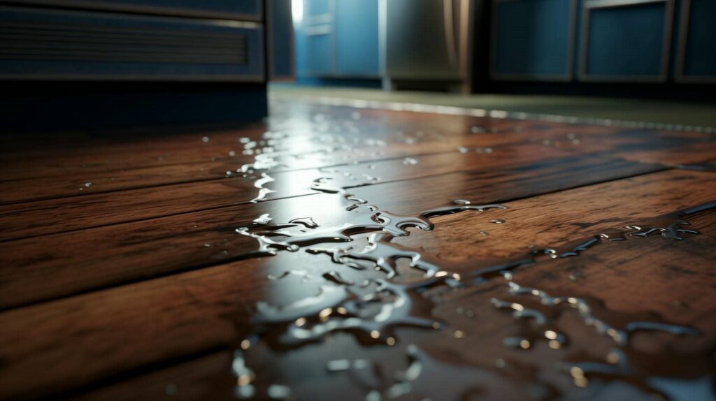 Water spilled on a wooden kitchen floor near cabinets and appliances.