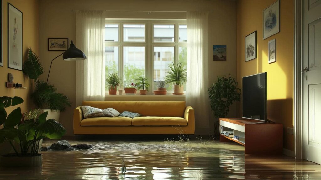 Living room with yellow sofa and plants, partially flooded with water on the floor.