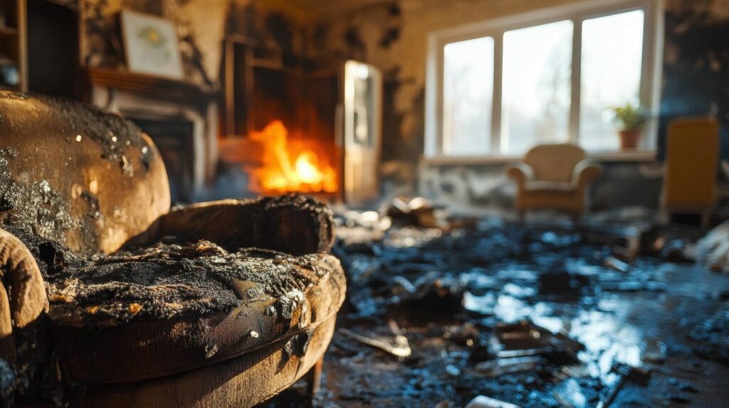 Burned armchair in a fire-damaged room with debris and a burning fireplace in the background.