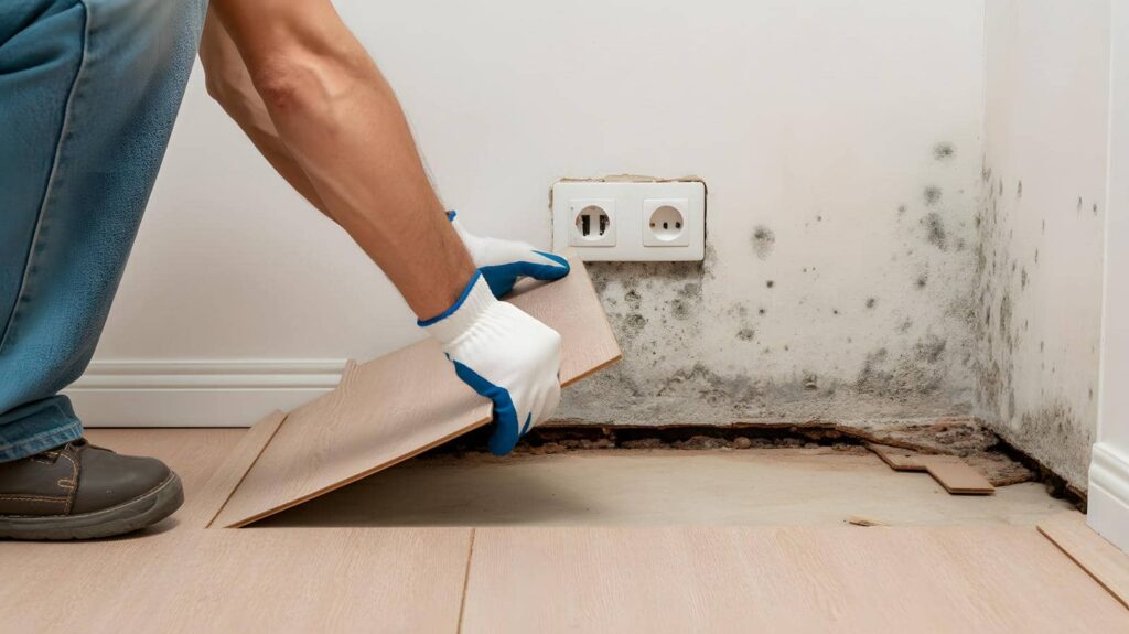 Person lifting damaged floorboards near moldy wall with electrical outlets.