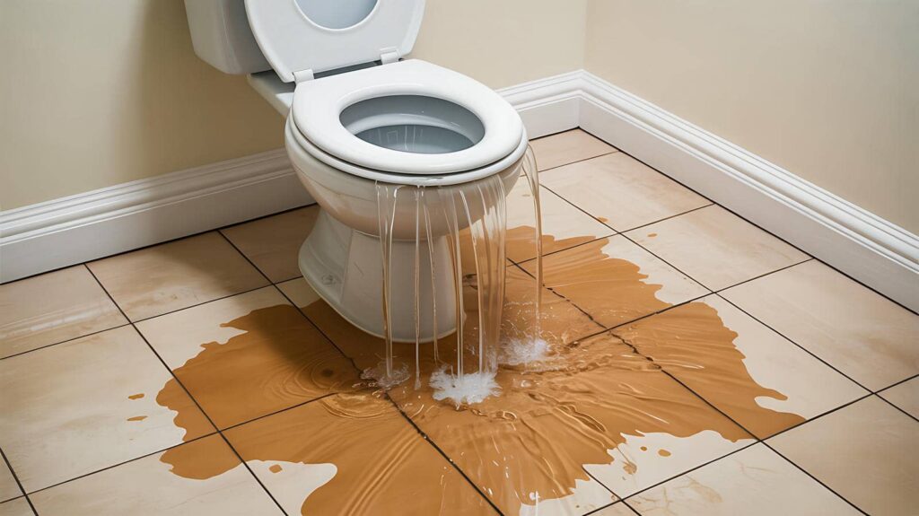 Toilet overflowing with water flooding onto tiled floor.