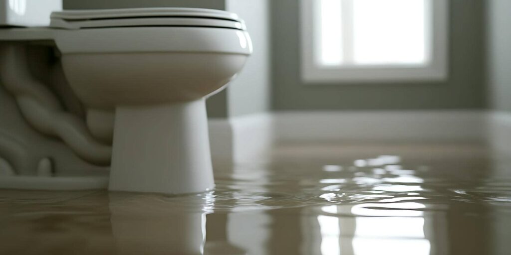 Toilet in a bathroom with water flooding the floor.